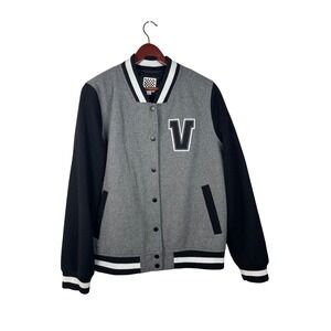 Vans Women's XL Varsity Bomber Jacket Grey Black Logo Snap Front Wool Blend